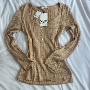 Zara Tan Ribbed Fitted Long Sleeve Blouse